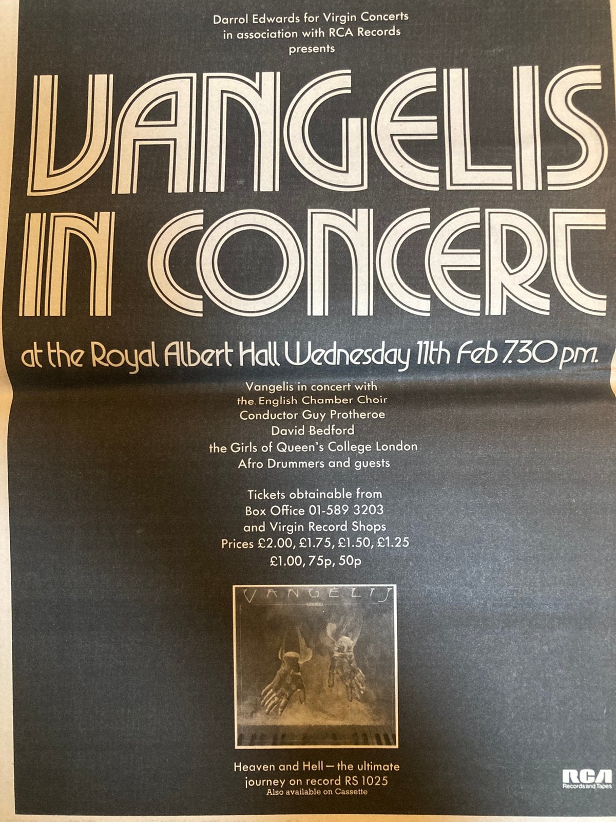 VANGELIS in Concert A3 advertentie, Ophalen of Verzenden