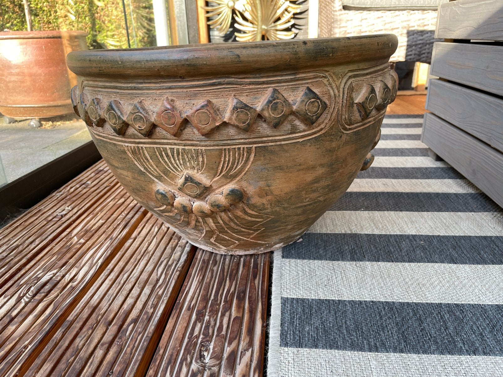 Grote Mexicaanse plantenbak van aardewerk, Ophalen, Zo goed als nieuw, Rond, Steen