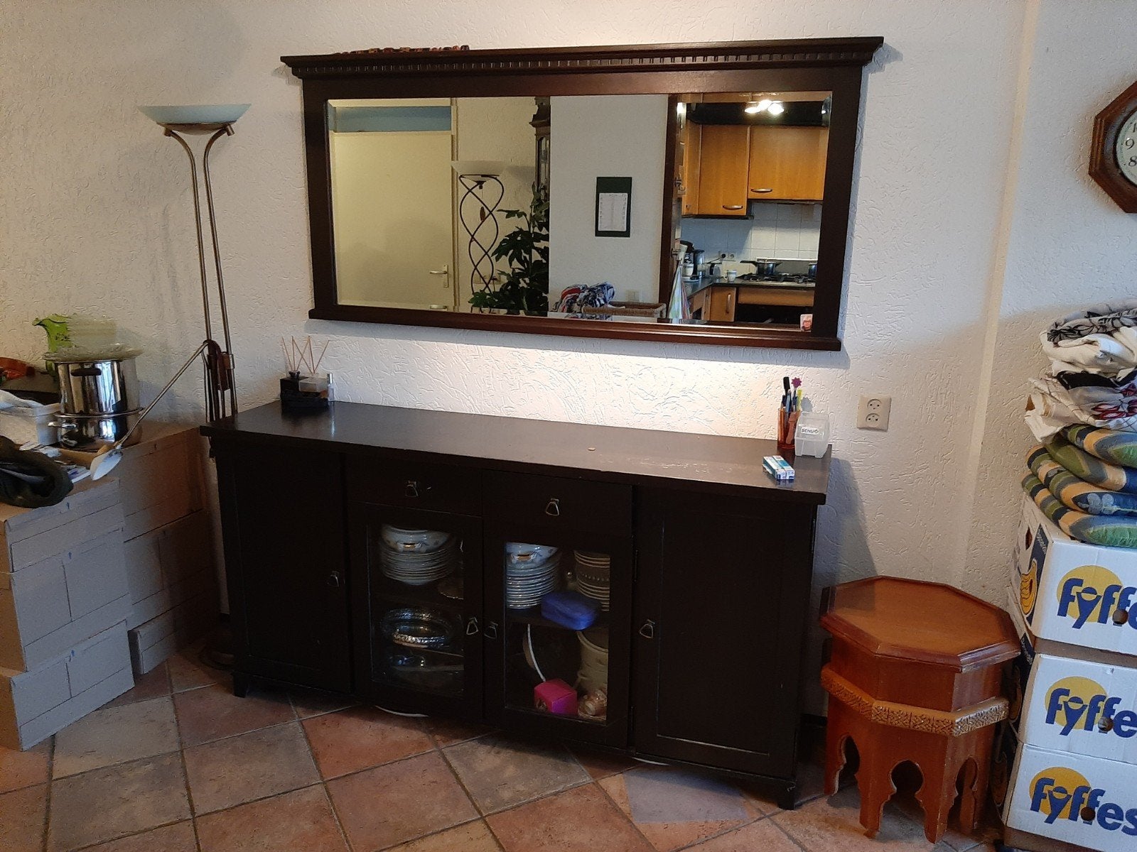 Houten Dressoir met Spiegel - 180x45x90 cm, Ophalen, Gebruikt, Met lade(s), 150 tot 200 cm
