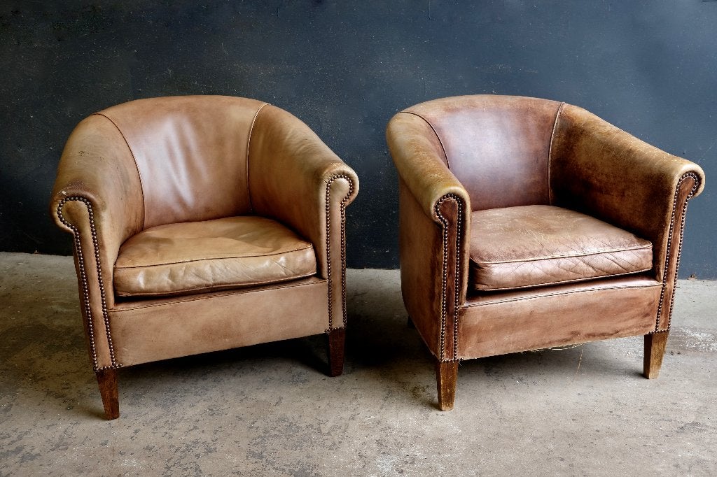 2 leren Club fauteuils, Ophalen, Gebruikt, Chesterfield Engels modern klassiek industrieel, Minder dan 75 cm