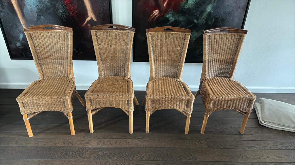 Set van 4 rieten stoelen met houten handvat, Huis en Inrichting, Stoelen, Ophalen, Gebruikt, Bruin, Riet of Rotan