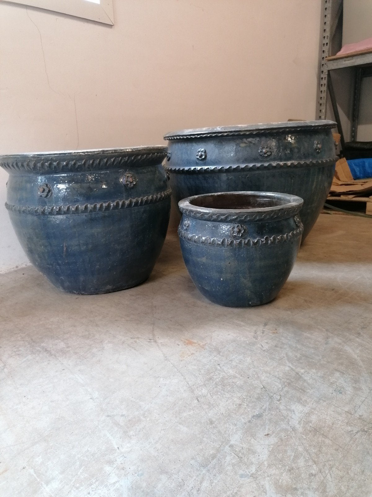 Super mooie grote bloempotten keramiek set van 3 blauw, Ophalen, 40 cm of meer, Rond, Nieuw
