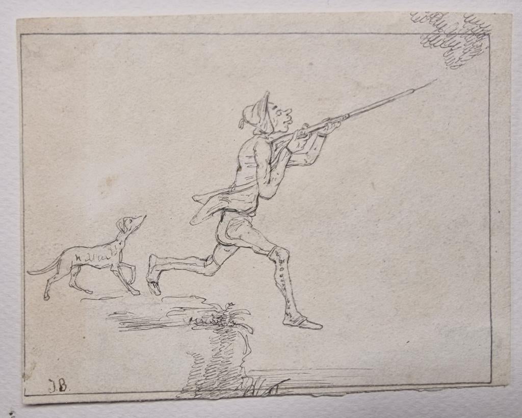 Oude tekening  jager met hond
mogelijk Engels, Ophalen of Verzenden