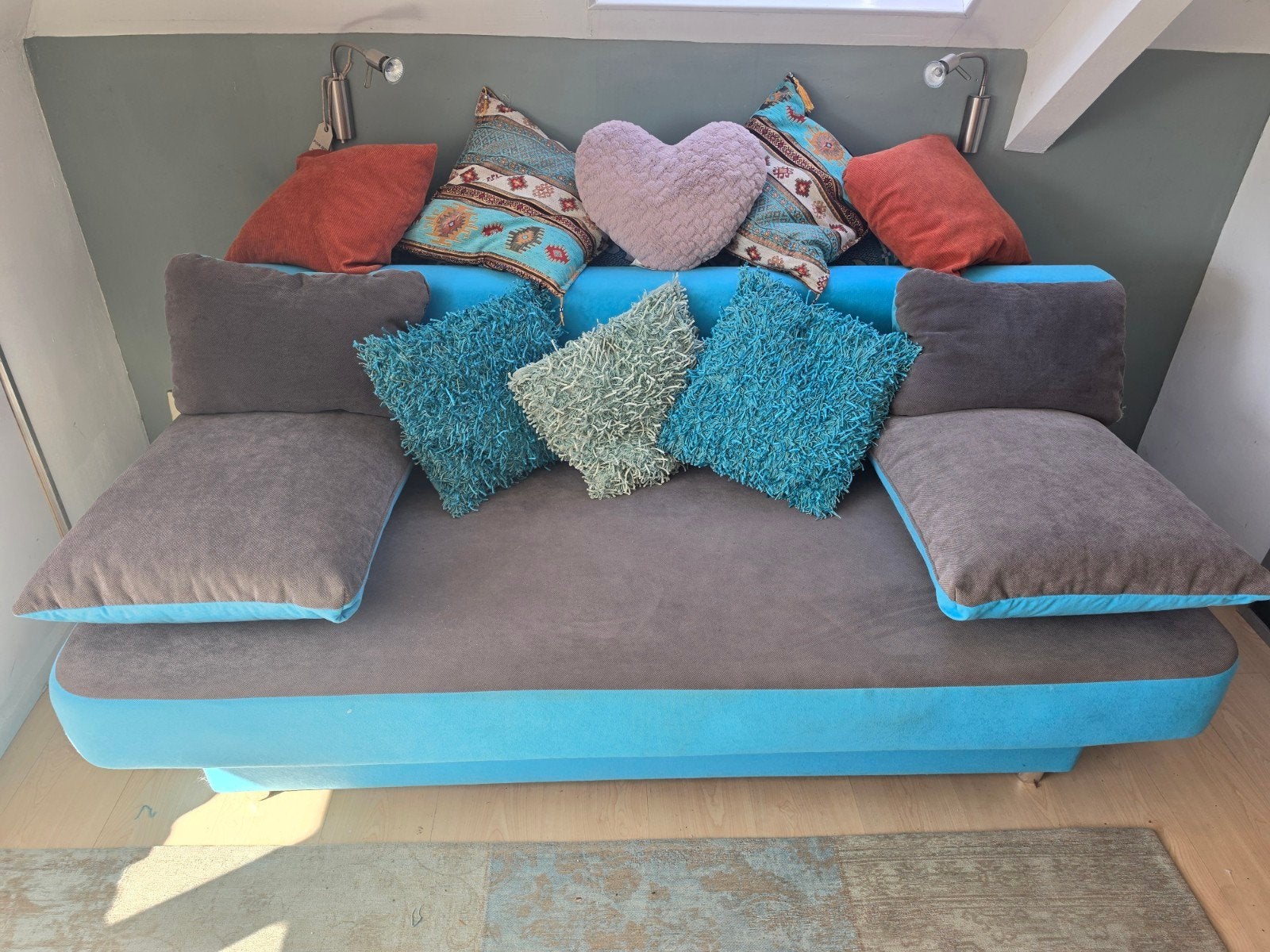 Ibiza Slaapbank Turquoise met Opbergruimte en Kussens, Ophalen, Tweepersoons, 140 cm, Zo goed als nieuw