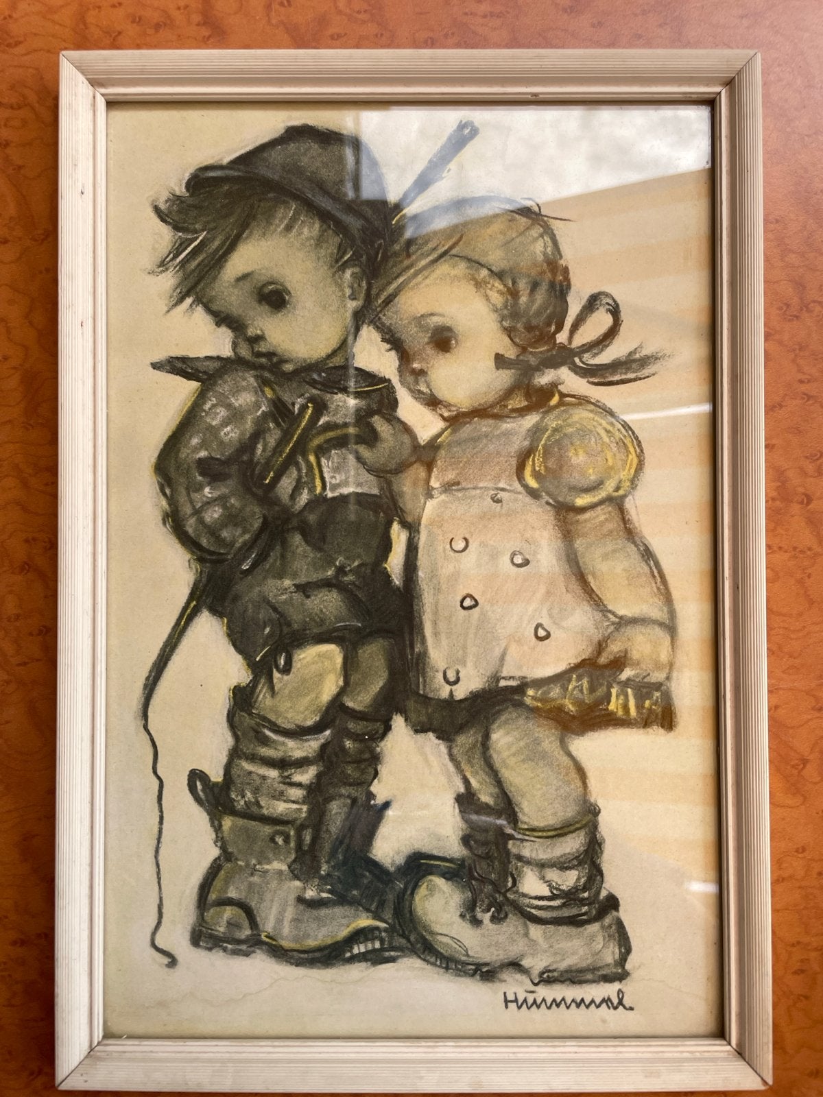 Vintage Hummel tekening: Jongen en meisje, Antiek en Kunst, Kunst | Schilderijen | Klassiek, Portret of Personen, Ophalen of Verzenden