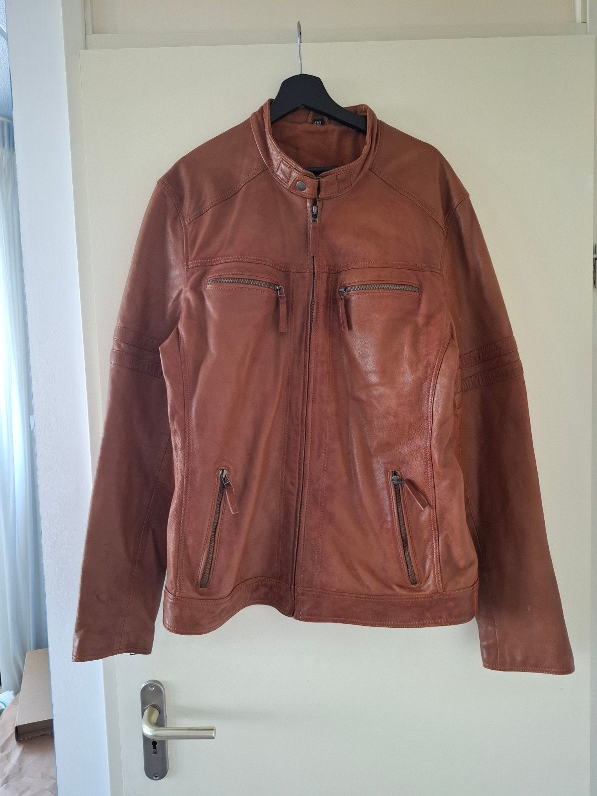 Cognacbruine leren bikerjas van 100% lamsleer - XXL, Ophalen of Verzenden, Zo goed als nieuw, Overige maten, Bruin