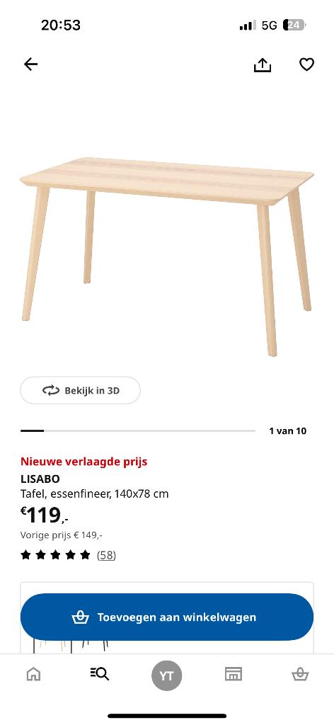 IKEA LISABO Tafel, essenfineer - 140x78 cm, Ophalen, 100 tot 150 cm, 50 tot 100 cm, Zo goed als nieuw