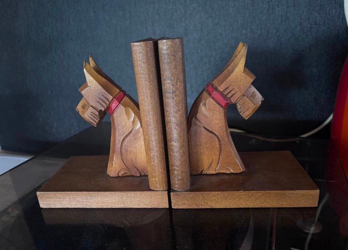 Vintage houten boekensteunen Scottish Terrier / Scotty dogs, Gebruikt, Hout, Ophalen of Verzenden, Bruin