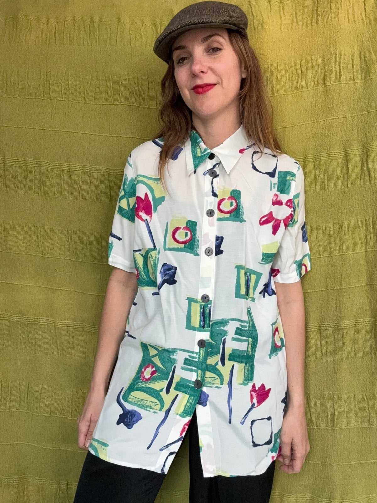 Vintage blouse - wit met print - 40/L/large, Maat 38/40 (M), Hgv, Wit, Hgv