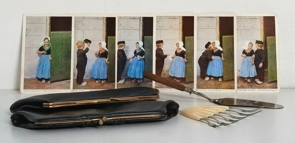 Antiek Taartschep - vorkjes, 2 dames portem, 6 nost. kaarten, Antiek en Kunst, Ophalen of Verzenden
