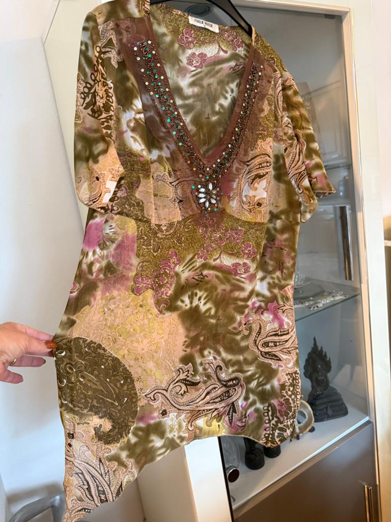 FOGLIE ROSSE Tuniek met Paisley Print en Kralen Maat M, Maat 38/40 (M), Bruin, Ophalen of Verzenden, Zo goed als nieuw