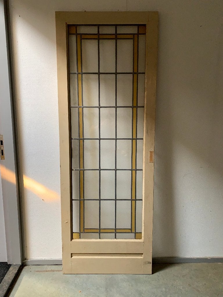 Stompe deur grenen met glas in lood., Ophalen, Gebruikt, Minder dan 80 cm, Binnendeur