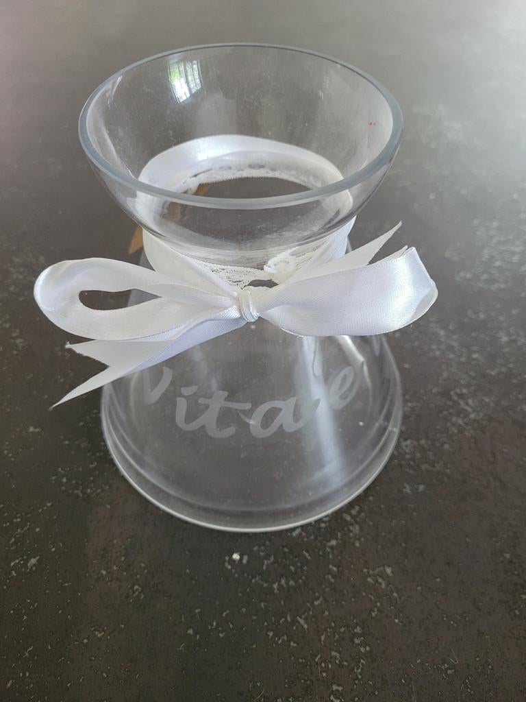 Mooie vaas met tekst en lint, Overige kleuren, Ophalen of Verzenden, Minder dan 50 cm, Glas