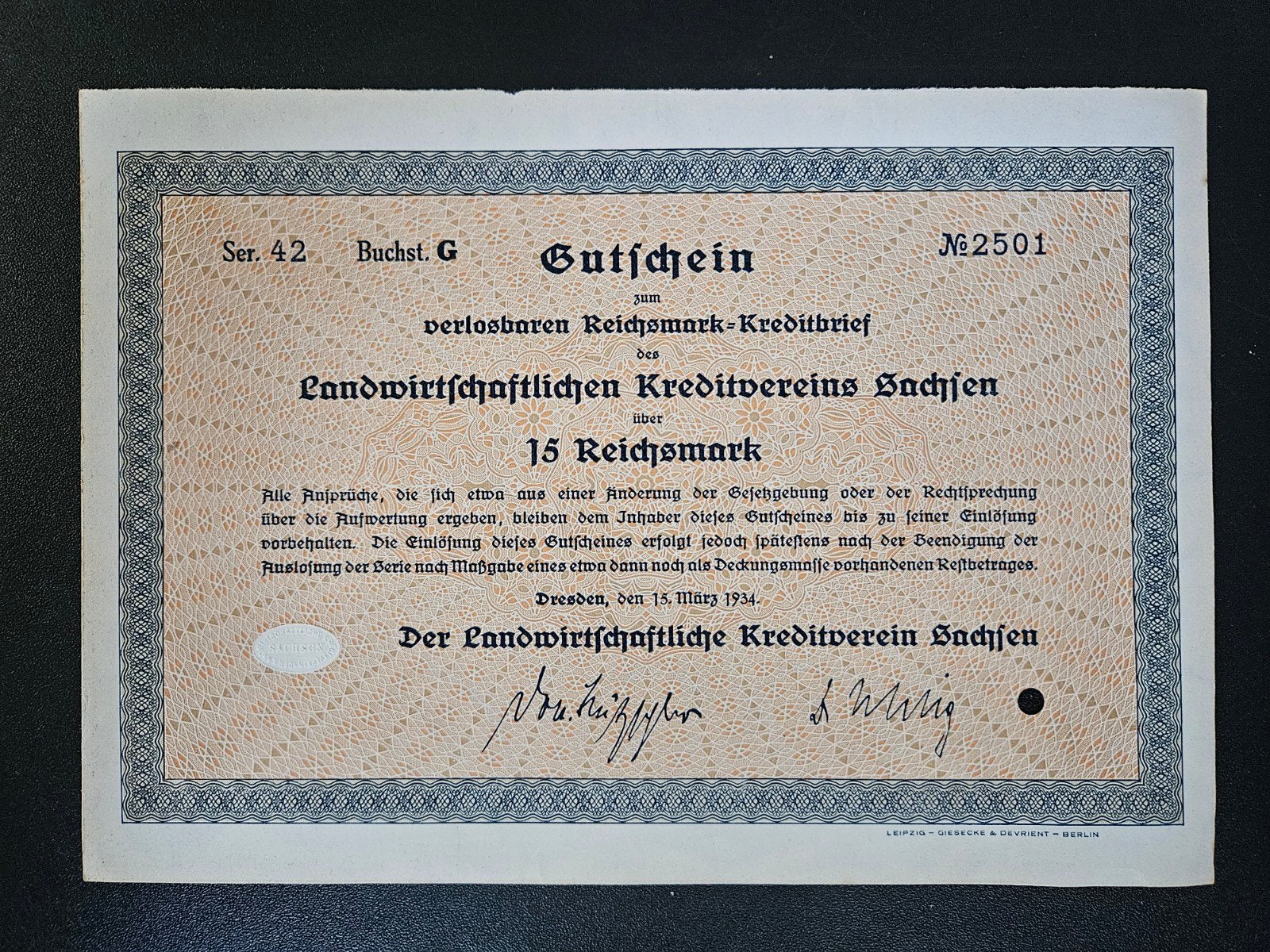Duitsland kreditbrief 15 reichsmark Dresden 1934, Verzenden, Duitsland, Los biljet