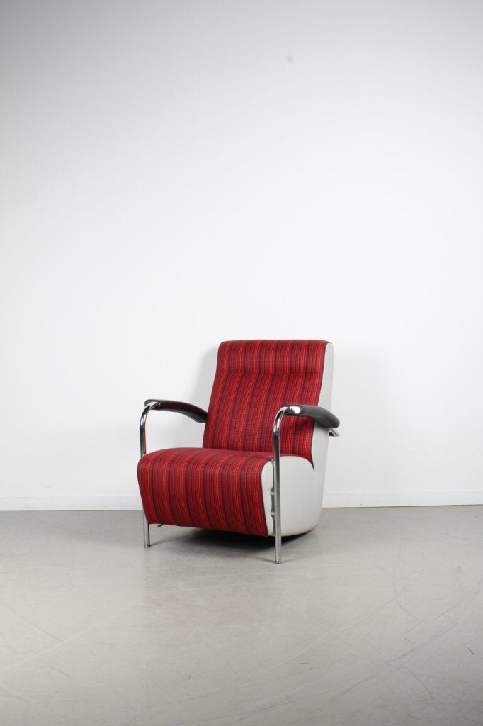 Leolux Scylla Hoog Fauteuil Rood/Bruin Stof/Wit Leer, Niet ingevuld, Leolux, Niet ingevuld, 75 tot 100 cm