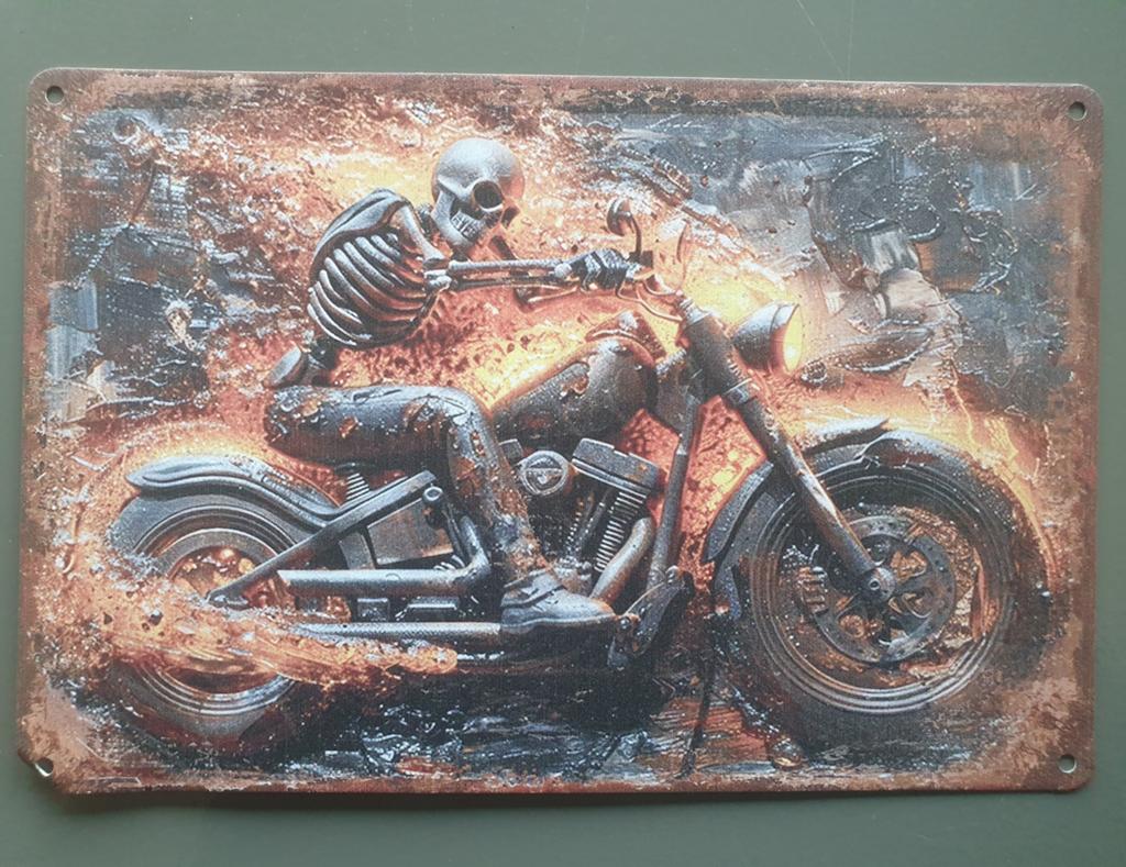 Metalen wandbord skelet op motor 20x30 cm, Huis en Inrichting, Woonaccessoires | Wanddecoraties, Ophalen of Verzenden, Nieuw