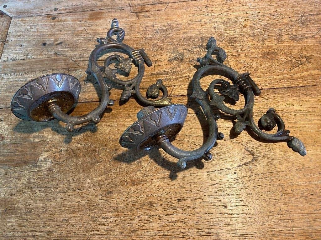 Antiek, brocante messing Franse wand/pianokandelaars, Ophalen of Verzenden