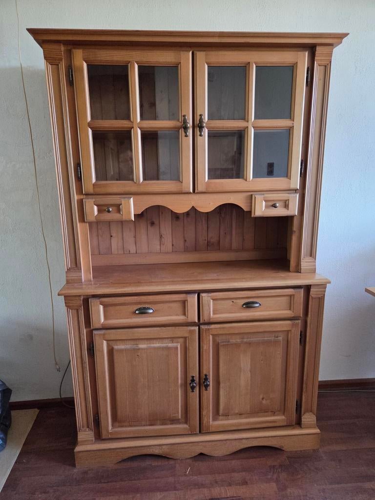 Massief grenen dressoir met vitrinekast, Huis en Inrichting, Kasten | Buffetkasten, Ophalen, Gebruikt, Grenenhout, Klassiek, Landelijk