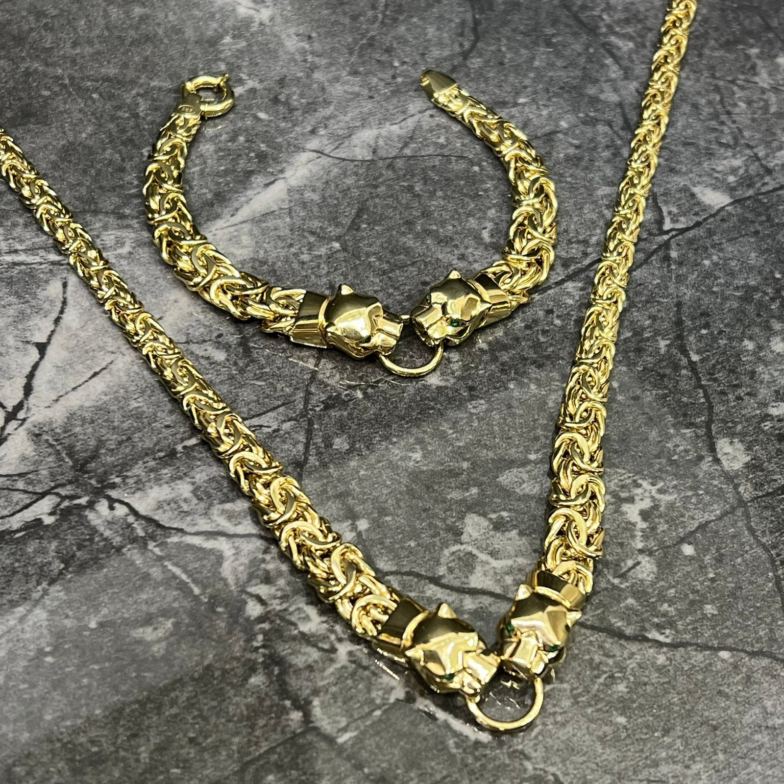 14 karaats gouden panter ketting armband set, Ophalen of Verzenden, Zo goed als nieuw, Goud