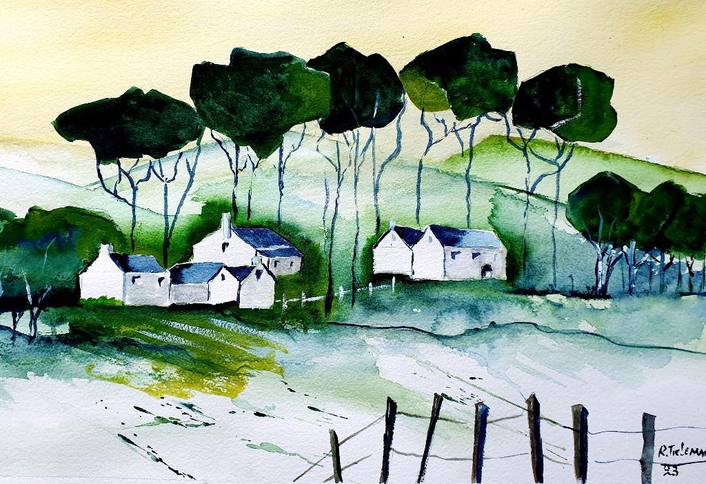 Op het Platteland, aquarel 55x35 cm, Ophalen of Verzenden