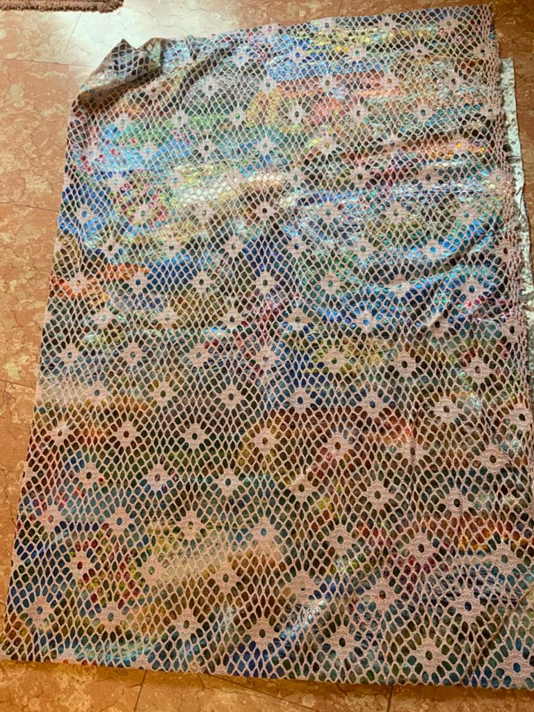Blauw/rose/geel glitter met kant stof, Huis en Inrichting, Stoffering | Tapijten en Kleden, 100 tot 150 cm, Blauw, Ophalen of Verzenden