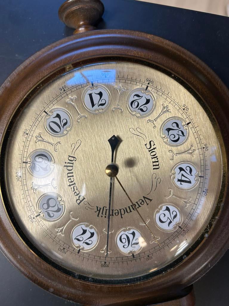 Vintage Barometer met Thermometer - Hout en Messing, Audio, Tv en Foto, Weerstations en Barometers, Gebruikt, Barometer, Ophalen of Verzenden