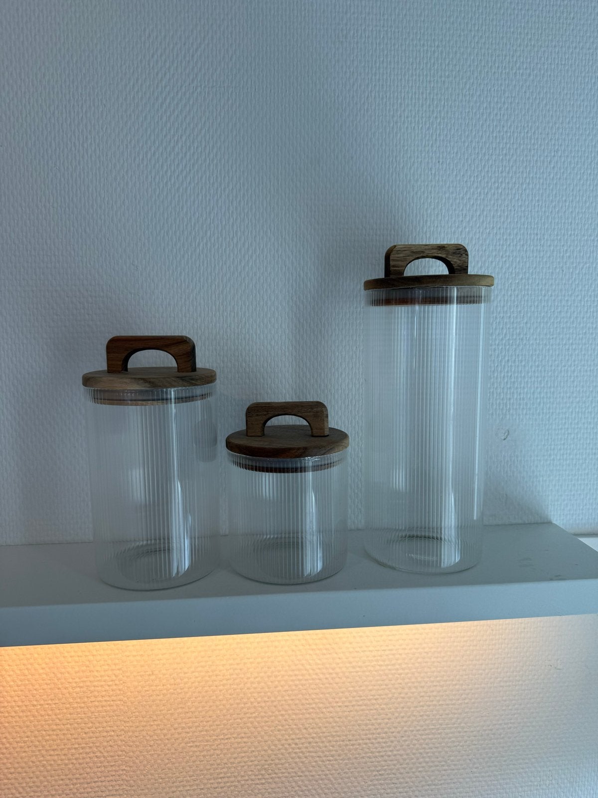 Set van 3 glazen voorraadpotten met houten deksel, Ophalen, Glas, Zo goed als nieuw, Voorraadpot