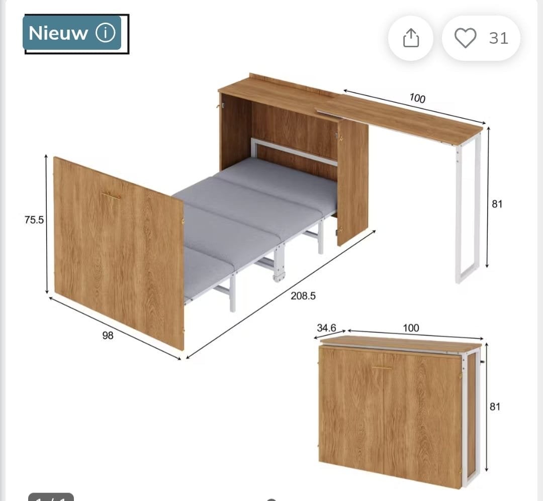 Opklapbed met bureau - Nieuw en ruimtebesparend, Ophalen, Verstelbaar, Nieuw, Overige maten