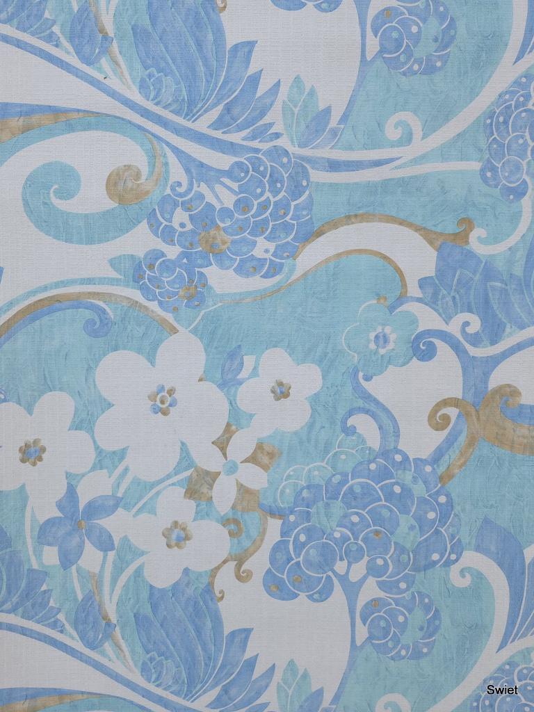 8182 vintage 70s groovy behang blauw turquoise psychedelisch, Ophalen of Verzenden, Minder dan 10 m², Wit