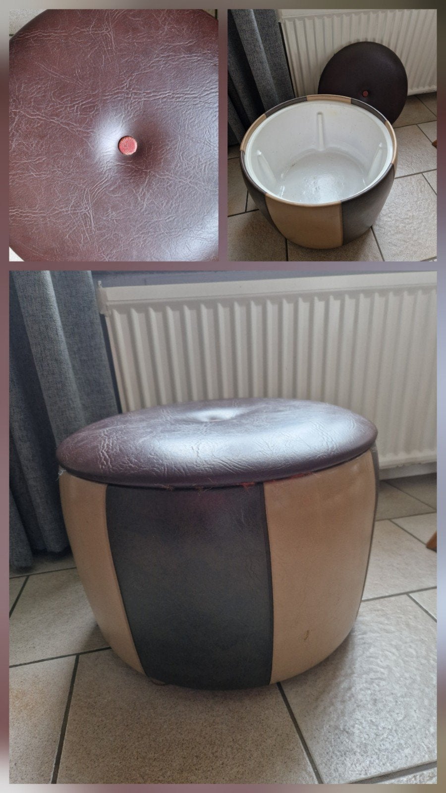 Jaren 60-70 opberg Poef bruin/ creme RETRO vintage, Huis en Inrichting, Minder dan 50 cm, Ophalen of Verzenden, Zo goed als nieuw