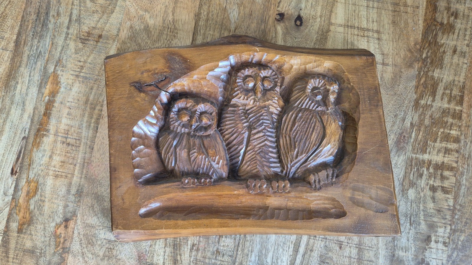 Handgesneden Houten Wandpaneel met Uilen (41x29 cm), Huis en Inrichting, Ophalen, Gebruikt, Bruin, Vintage