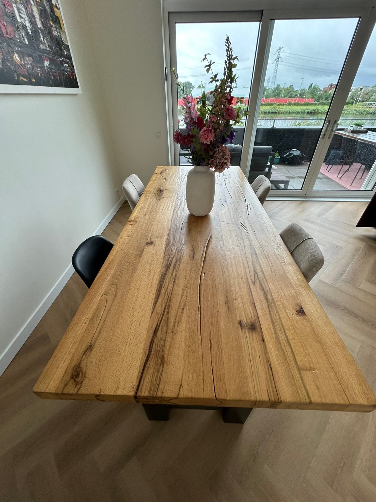 Massief eikenhouten eettafel 240x100 cm met metalen poten, Ophalen, Gebruikt, 100 tot 150 cm, Eikenhout