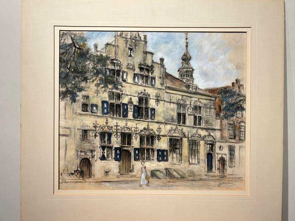 Jan Heesters - Hollandse gevel - Gemengde techniek 34x39, Ophalen of Verzenden