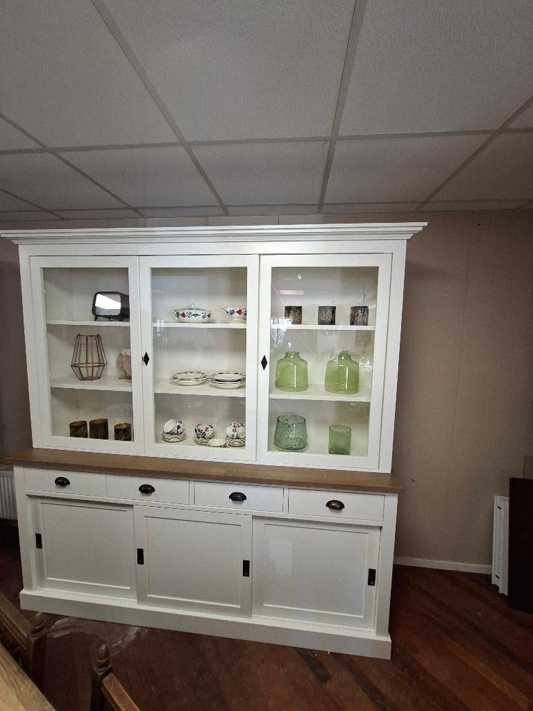 Grote landelijke buffetkast wit/hout 223 cm, Ophalen, Eikenhout, Met deur(en), 200 cm of meer