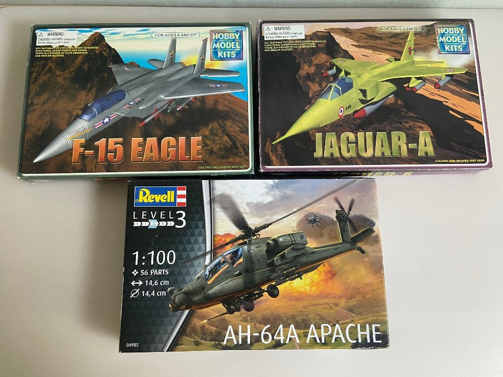 3 Model straaljager/Apache model f-15 eagle en jaguar-A, Ophalen of Verzenden, Nieuw, 1:72 tot 1:144, Overige merken