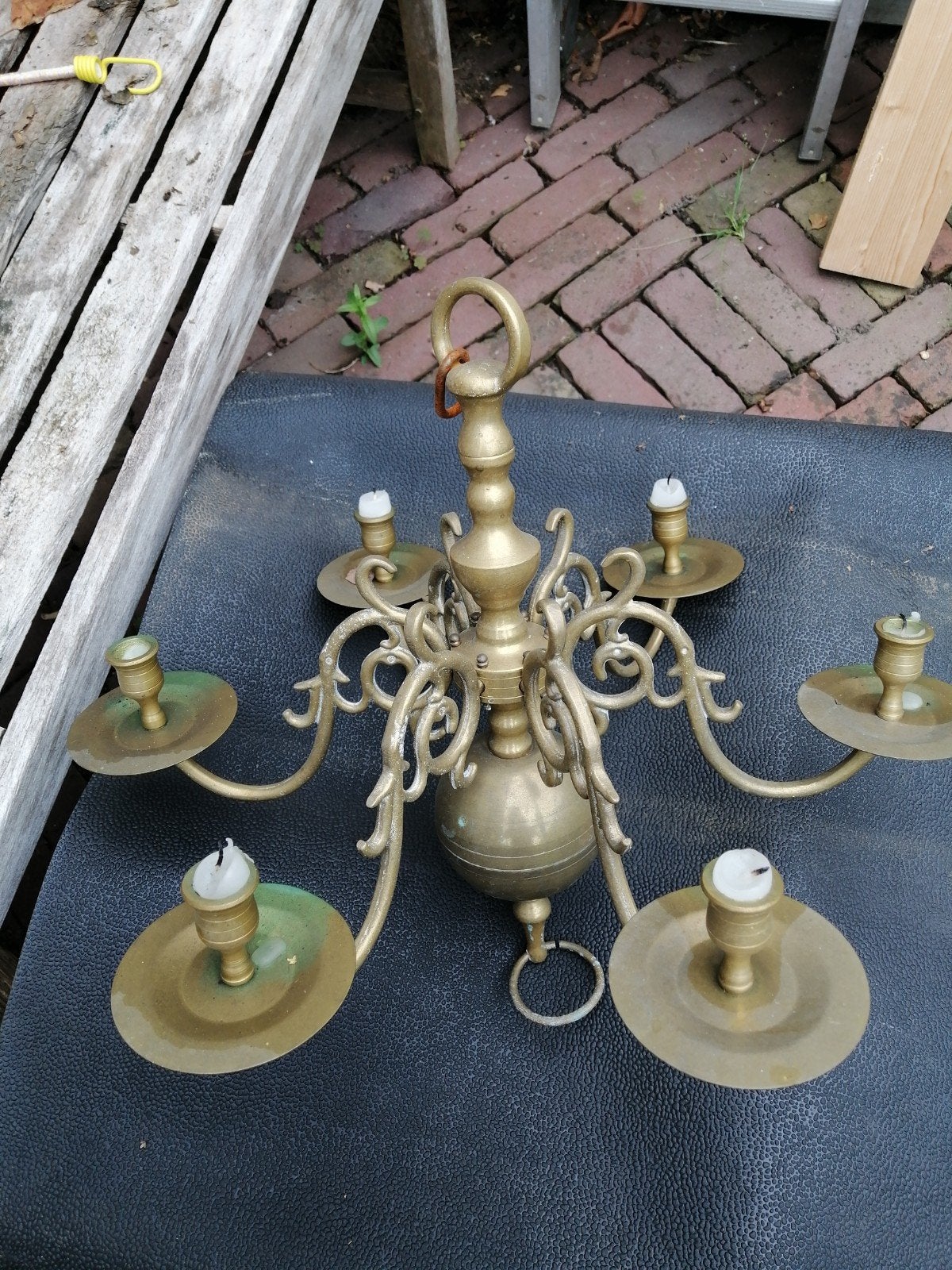 Antieke koperen kroonluchter met 6 armen, Ophalen of Verzenden