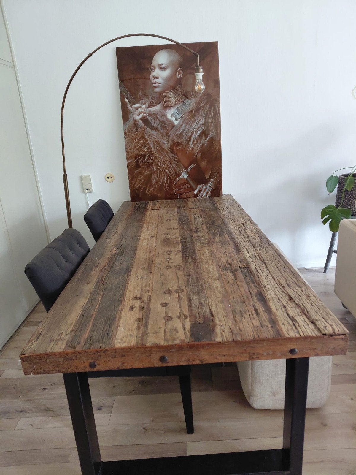 Robuuste houten eettafel met metalen onderstel, Gebruikt, Industrieel, robuust, landelijk, 200 cm of meer, 50 tot 100 cm