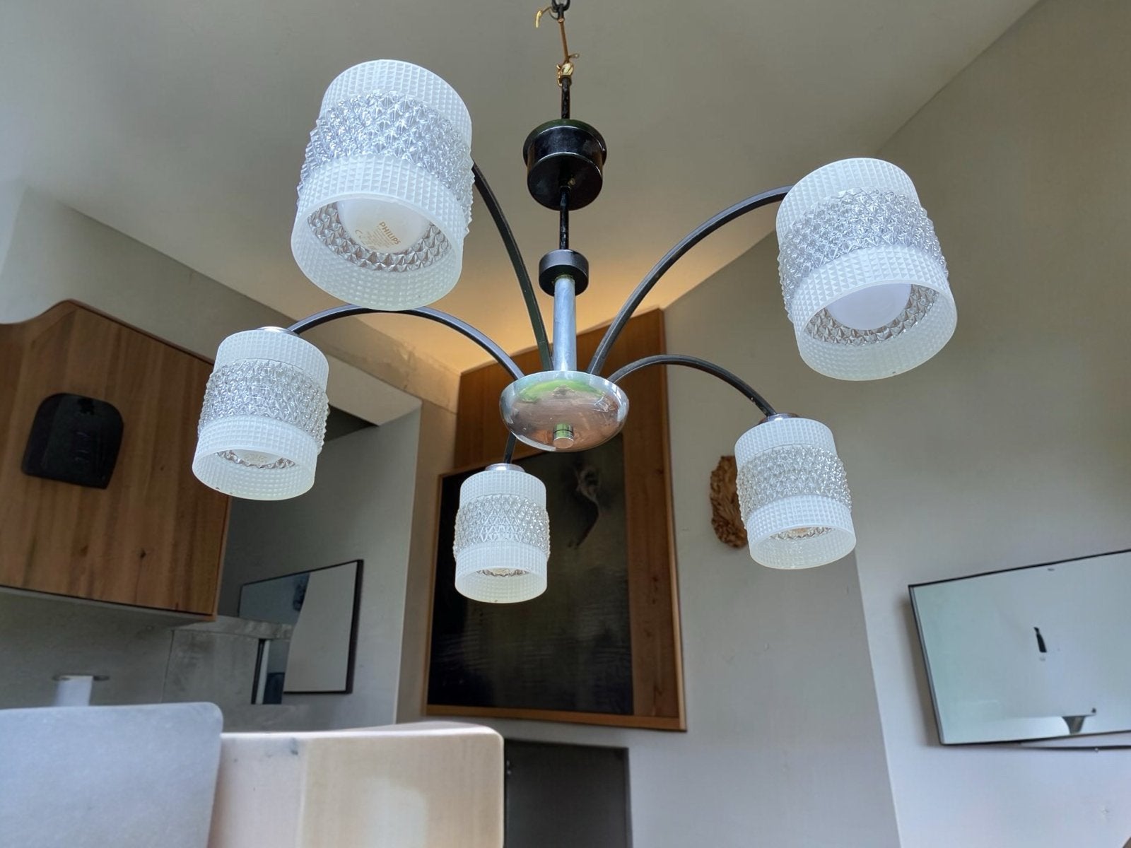 Mid-Century Deense/West-Duitse vintage hanglamp met 5 lichtp, Antiek en Kunst, Antiek | Lampen, Ophalen
