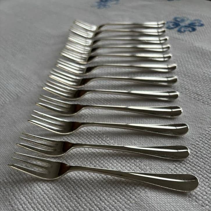 12 verzilverde taartvorkjes/gebakvorkjes P11 Elfina Keltum, Gebruikt, Los bestek, Ophalen of Verzenden, Zilver
