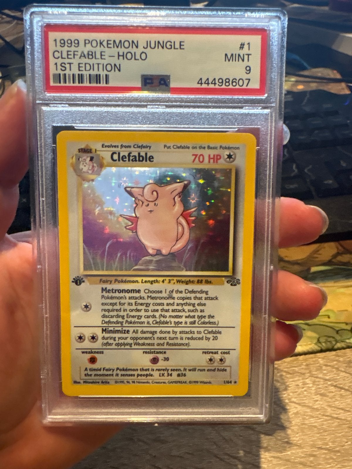 Pokémon Clefable Holo 1st Edition PSA 9 MINT Jungle, Ophalen of Verzenden, Zo goed als nieuw, Losse kaart, Foil