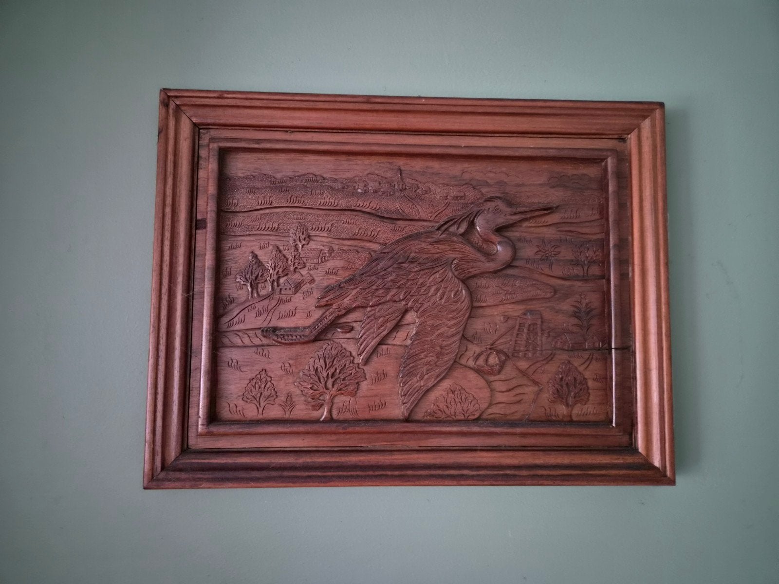 Prachtig houten wandpaneel met reiger - Handgesneden, Handgemaakt, Wanddecoratie, Hout, Bruin