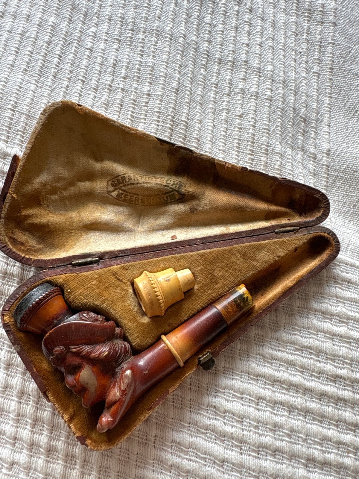 Antieke meerschuim pijp met gebeeldhouwd gezicht in etui, Ophalen of Verzenden