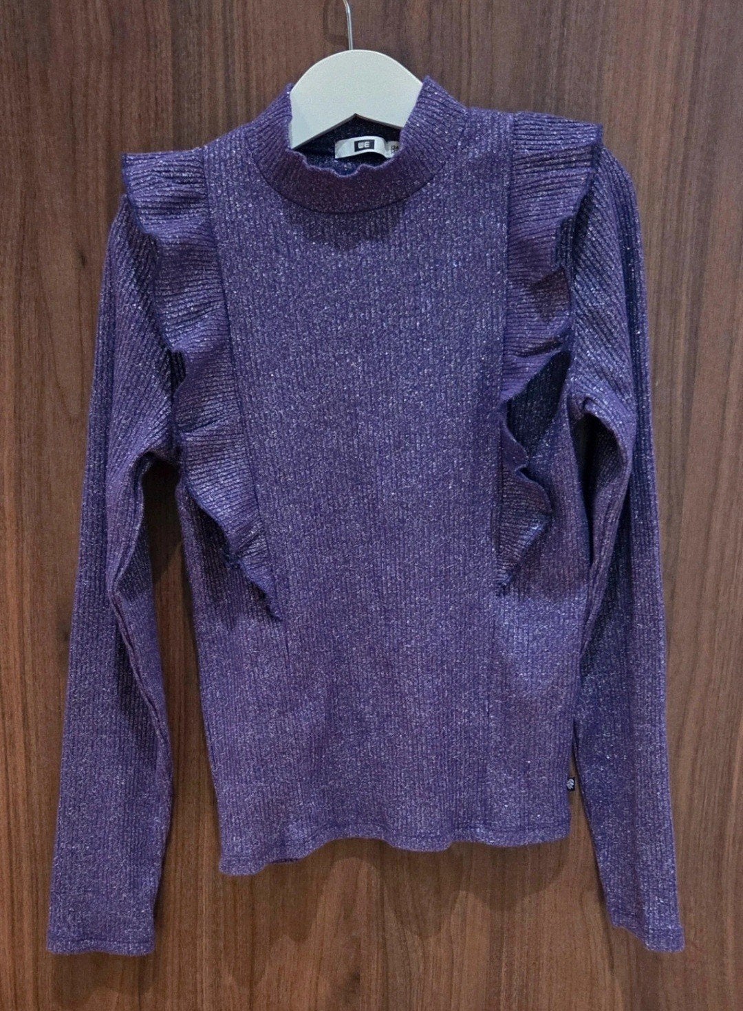 WE Glitter ribshirt paars met ruches - Maat 134/140, WE, Meisje, Ophalen of Verzenden, Zo goed als nieuw