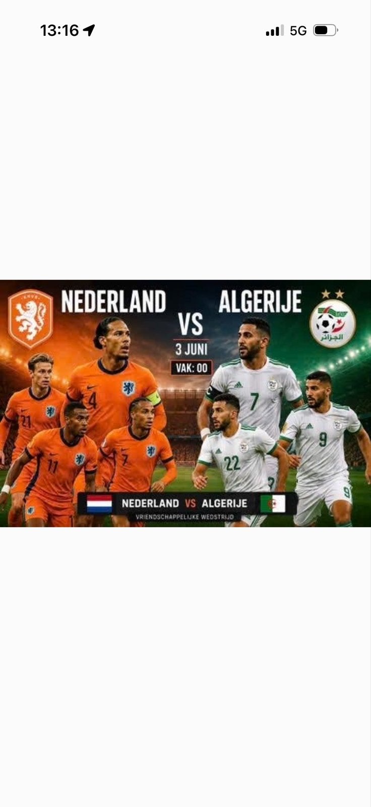 2 Tickets voor Nederland -Algerije, Twee personen
