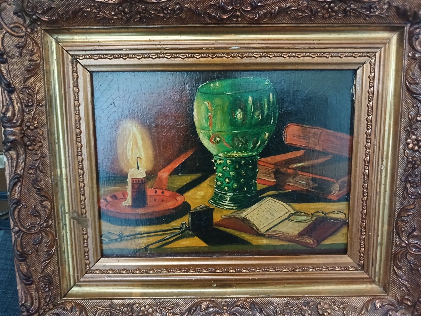 Stilleven met brandende kaars en roemer, naar Pieter Claesz, Paneel, Ingelijst, Stilleven, Ophalen of Verzenden