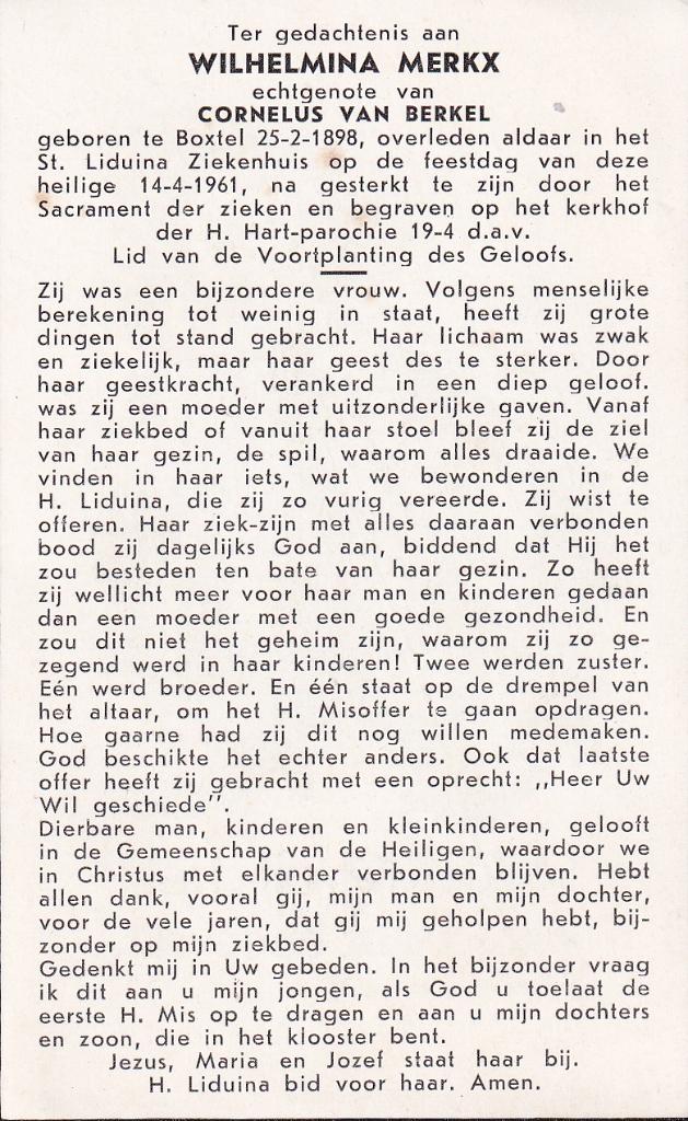 Merkx Wilhelmina 1898 Boxtel 1961, Ophalen of Verzenden, Bidprentje