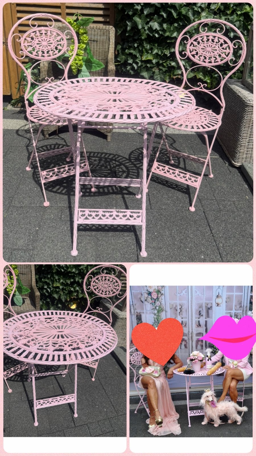 Roze Bistro Tuinset - Tafel en 2 Stoelen gietijzer ., Tuin en Terras, Tuinsets en Loungesets, Overige materialen, Gebruikt, Eettafel