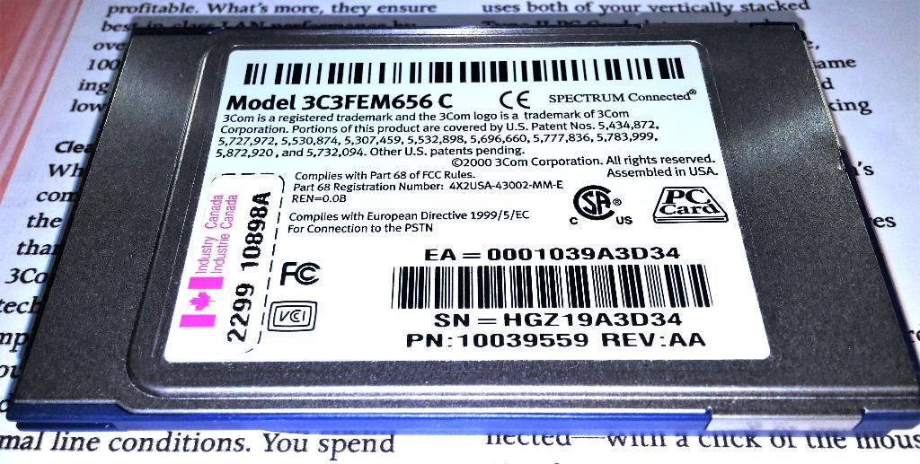 3Com 3C3FEM656 C PCMCIA netwerkkaart LAN 56K Xjack PC Card, Ophalen of Verzenden, Nieuw, Extern, 3Com