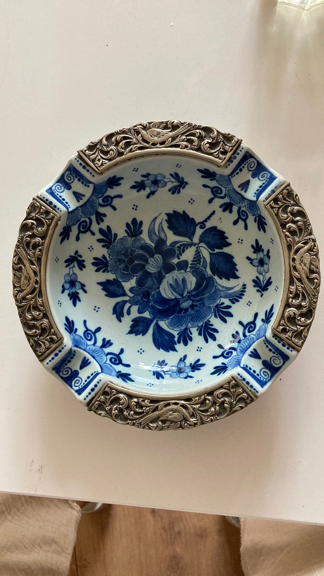 Antieke Delfts Blauwe asbak - Silfos Holland m. zilverbeslag, Antiek en Kunst, Ophalen of Verzenden