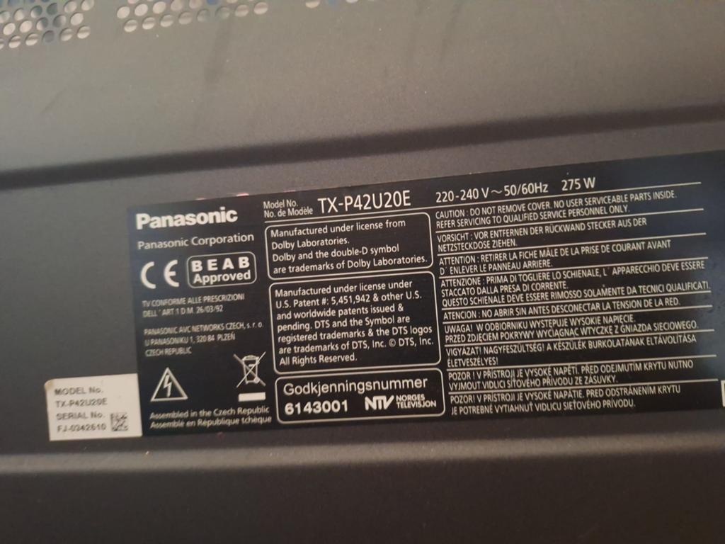 Panasonic TX-P42U20E 42 inch TV (zonder voedingskabel), Gebruikt, Panasonic, 50 Hz, Ophalen of Verzenden
